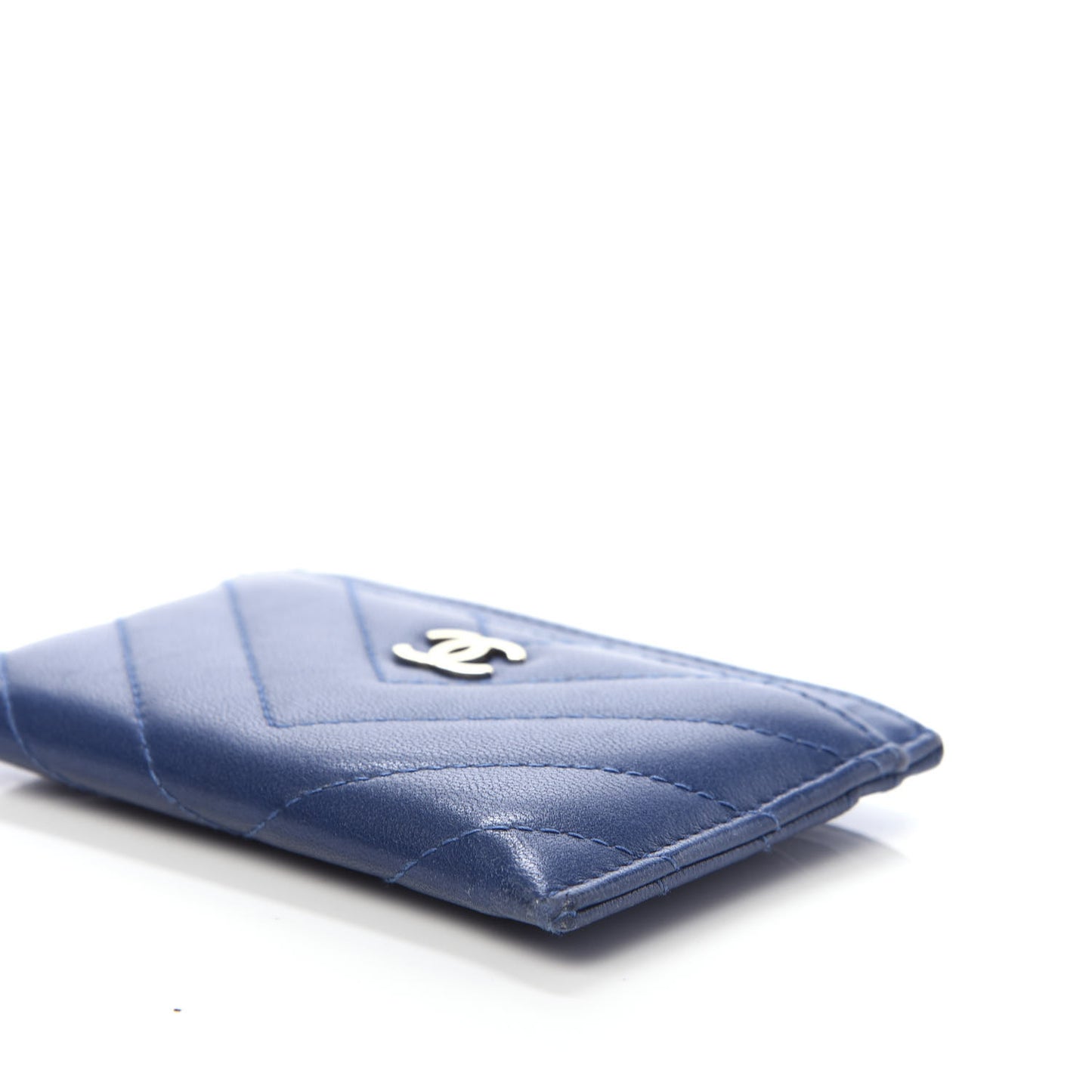 Lambskin Chevron Quilted Card Holder Blue