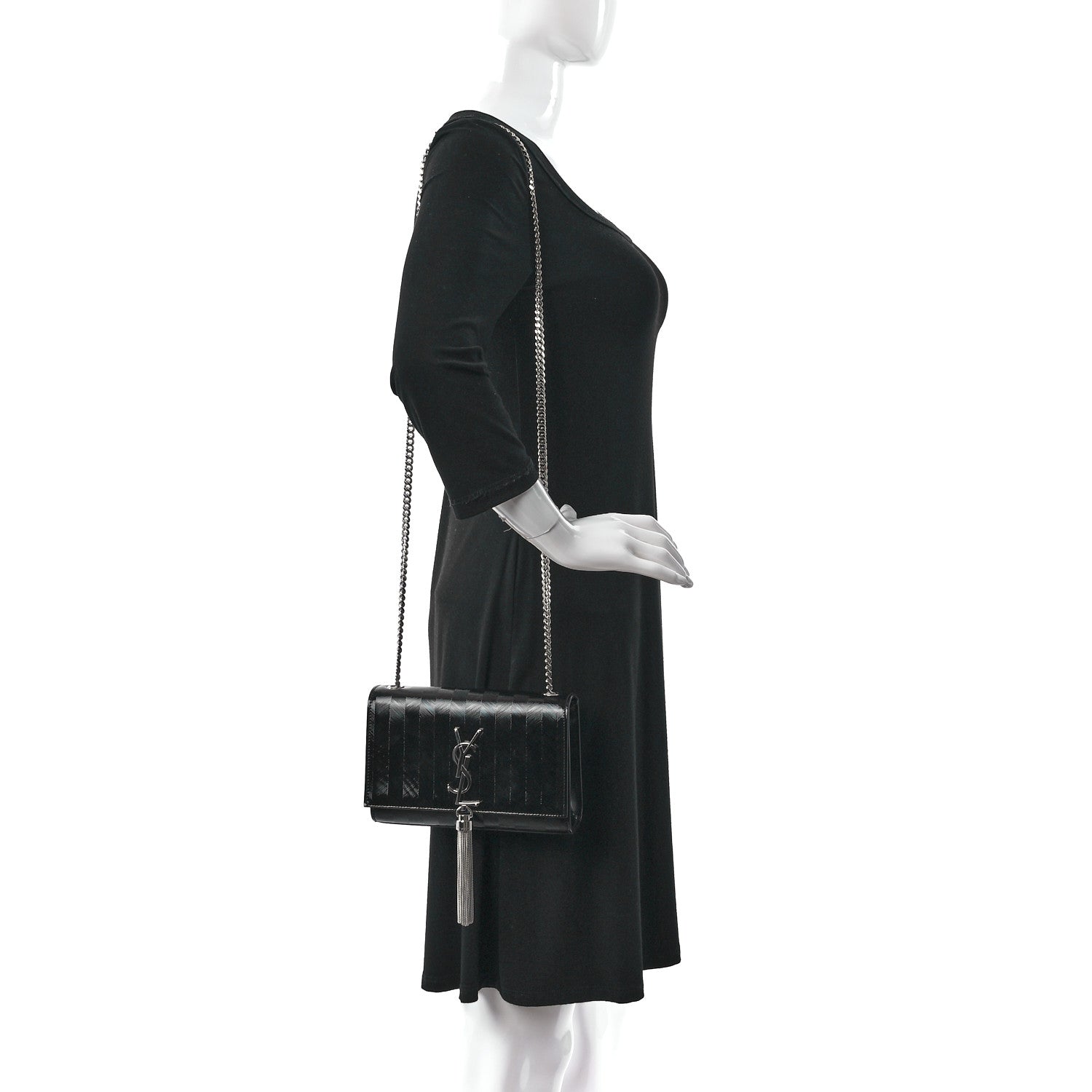 Saint Laurent Patent Textured Striped Small Classic Monogram Kate Tassel Satchel Black 2 of 10