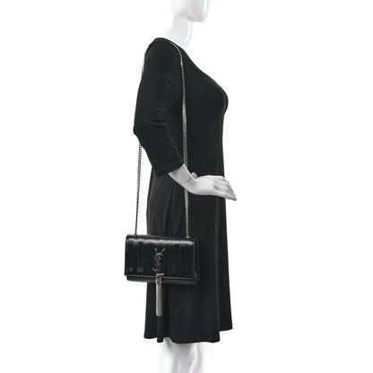 Saint Laurent Patent Textured Striped Small Classic Monogram Kate Tassel Satchel Black 2 of 10