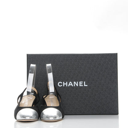 Chanel Kid Suede Metallic Lambskin Cap Toe CC Slingback Pumps 36 Black Silver 9 of 9