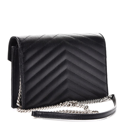 Saint Laurent Grain De Poudre Matelasse Chevron Monogram Envelope Chain Wallet Black 3 of 9