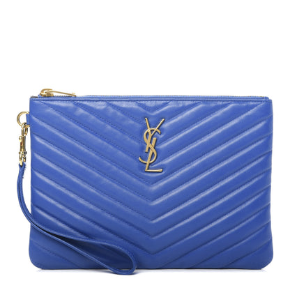 Saint Laurent Calfskin Matelasse Chevron Monogram Zip A5 Pouch Blue Majorelle 1 of 7