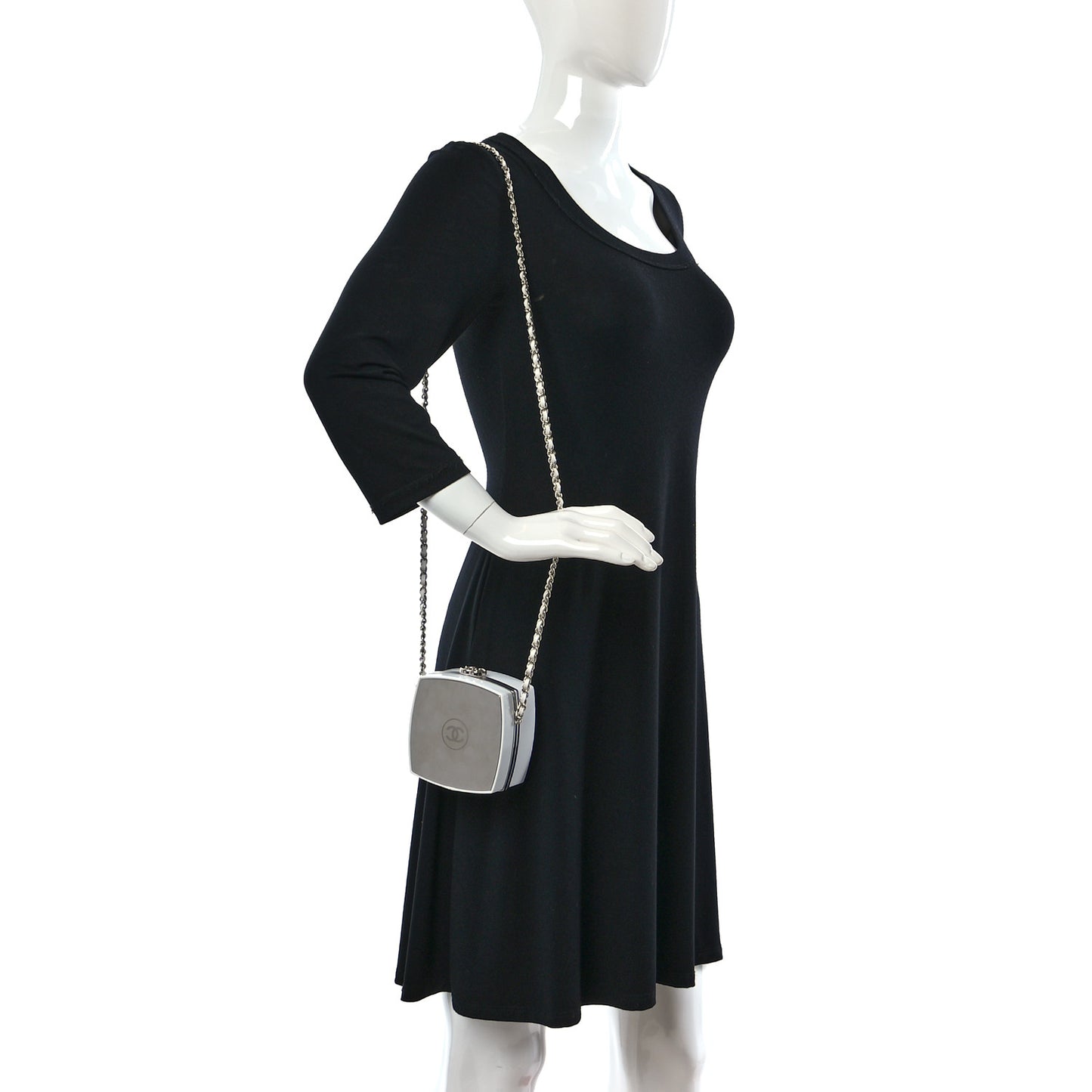 Patent Goatskin Quilted Make-Up Box Clutch With Chain White