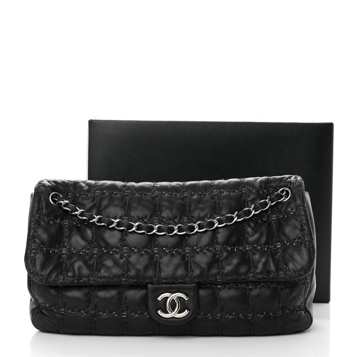Lambskin Tweed Double Stitch Maxi Flap Black