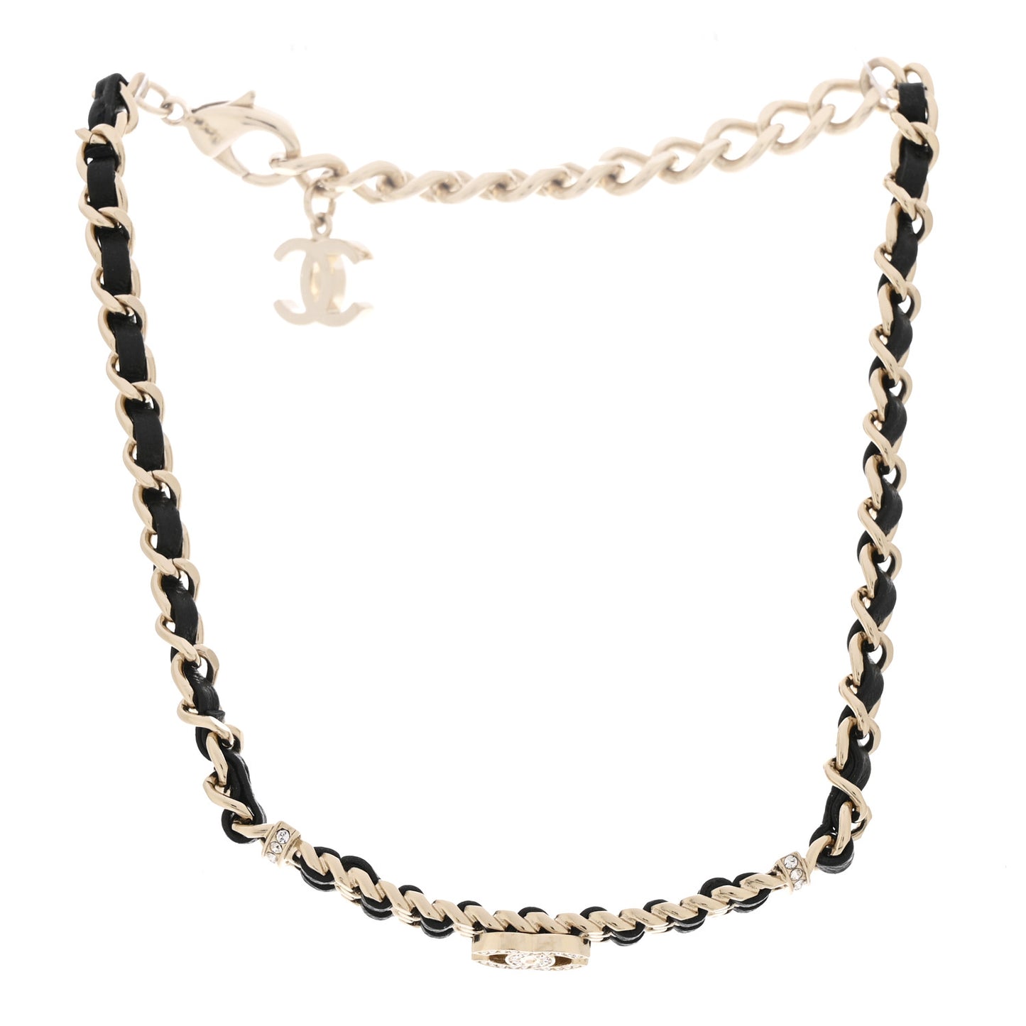 Metal Lambskin Crystal CC Choker Necklace Black Gold