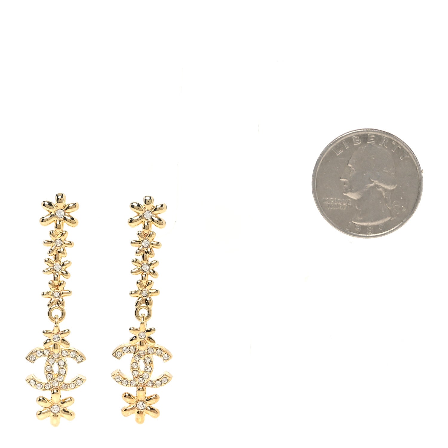Chanel Metal Crystal CC Drop Earrings Gold 2 of 5