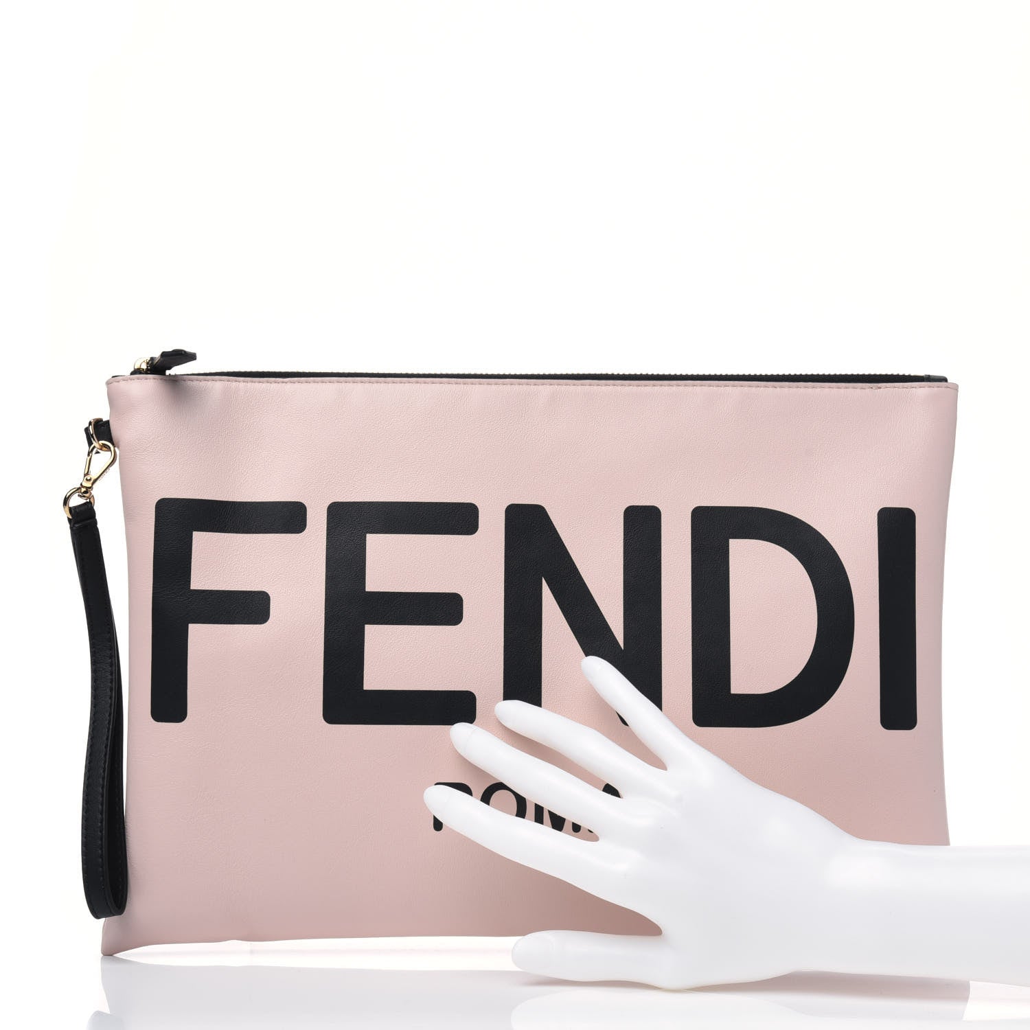 Fendi Vitello Fluffy Grace Logo Embossed Large Flat Pouch Rosa Quarzo Black 2 of 9