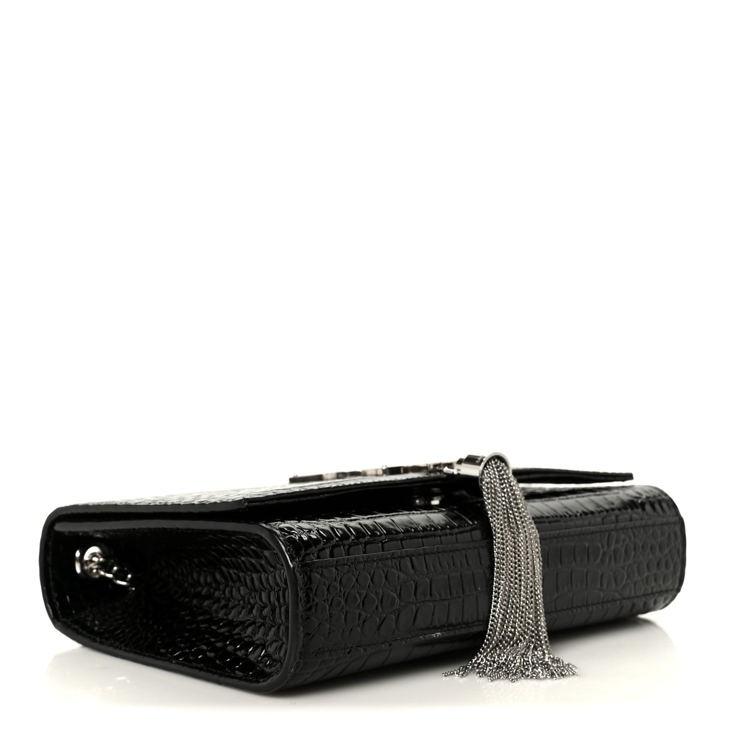 Saint Laurent Calfskin Crocodile Embossed Small Classic Monogram Kate Tassel Satchel Black 4 of 12