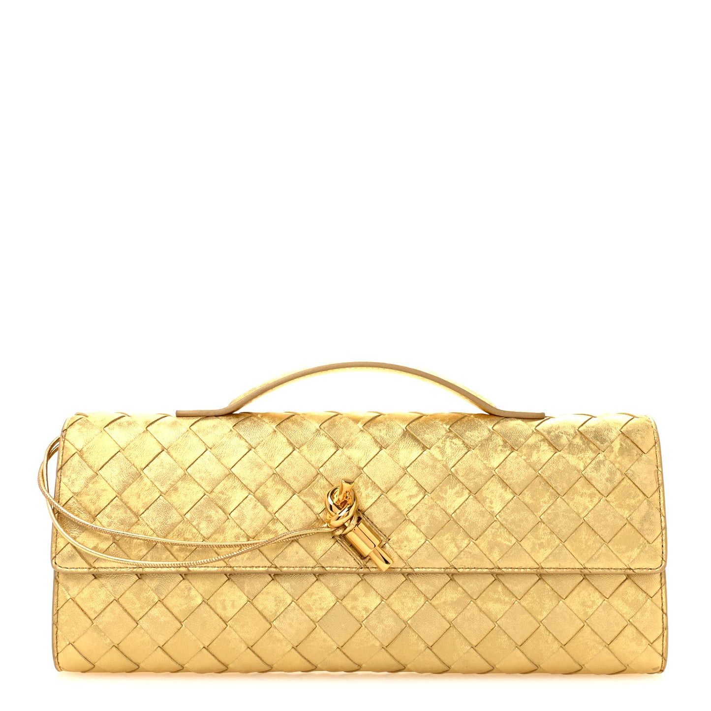 Metallic Satin Lambskin Intrecciato Long Andiamo Top Handle Clutch Gold