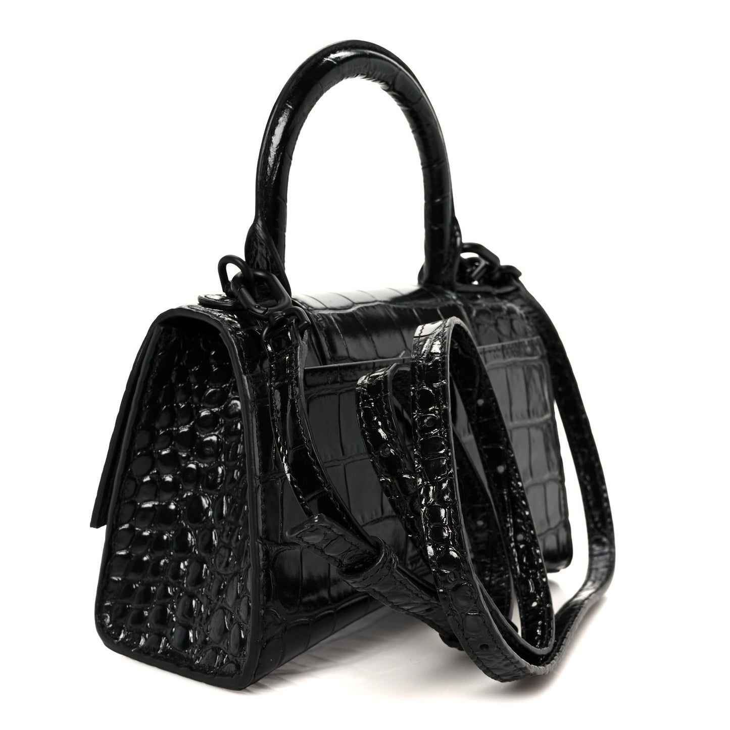 Shiny Calfskin Monochrome Crocodile Embossed Hourglass Top Handle Bag XS Black