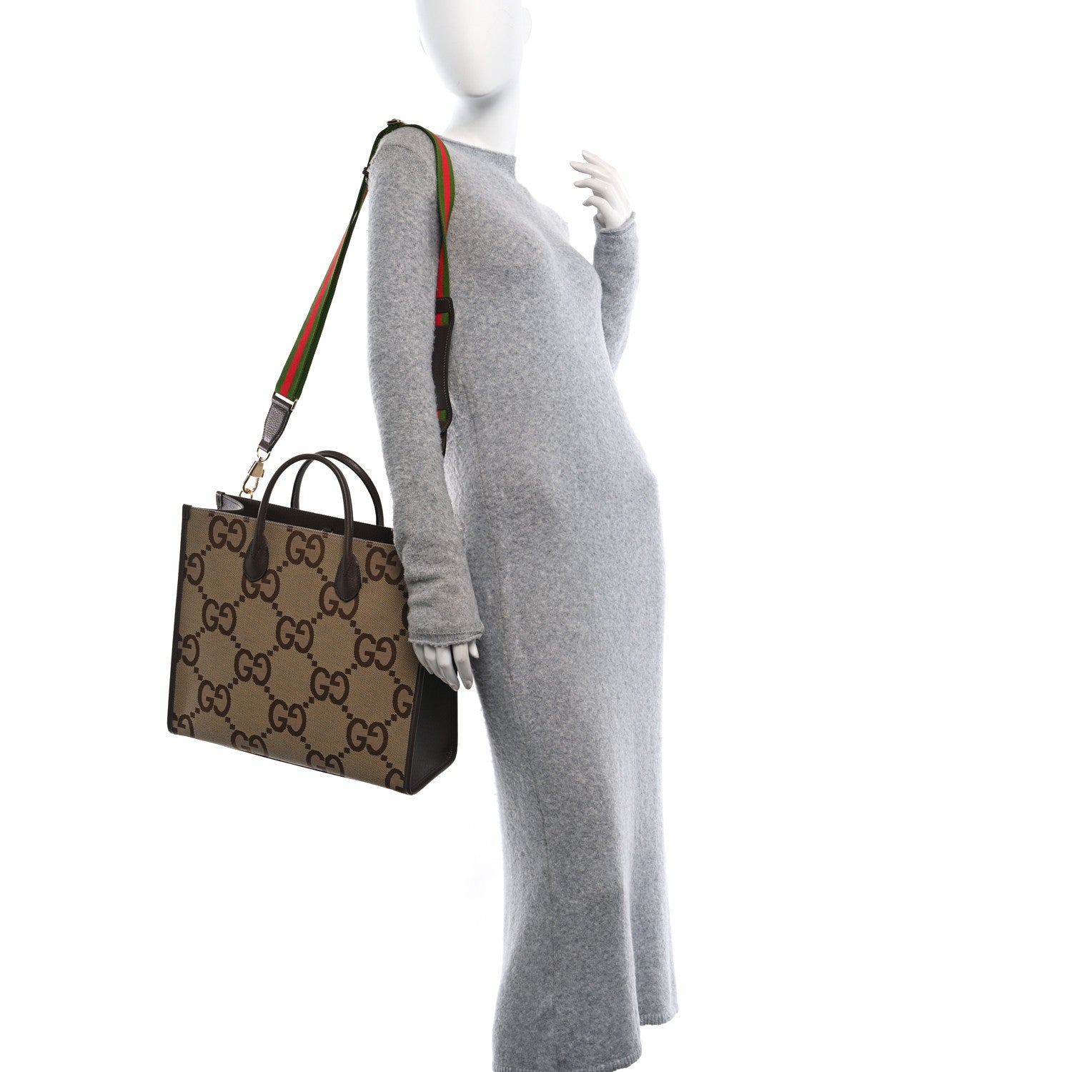 Gucci Monogram Jumbo GG Textured Dollar Calfskin Web Tote Bag Camel Ebony New Acero 2 of 10