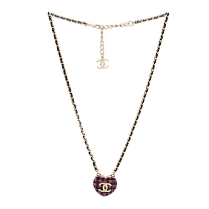 Chanel Tweed Lambskin CC Heart Locket Necklace Gold Black Pink 3 of 5