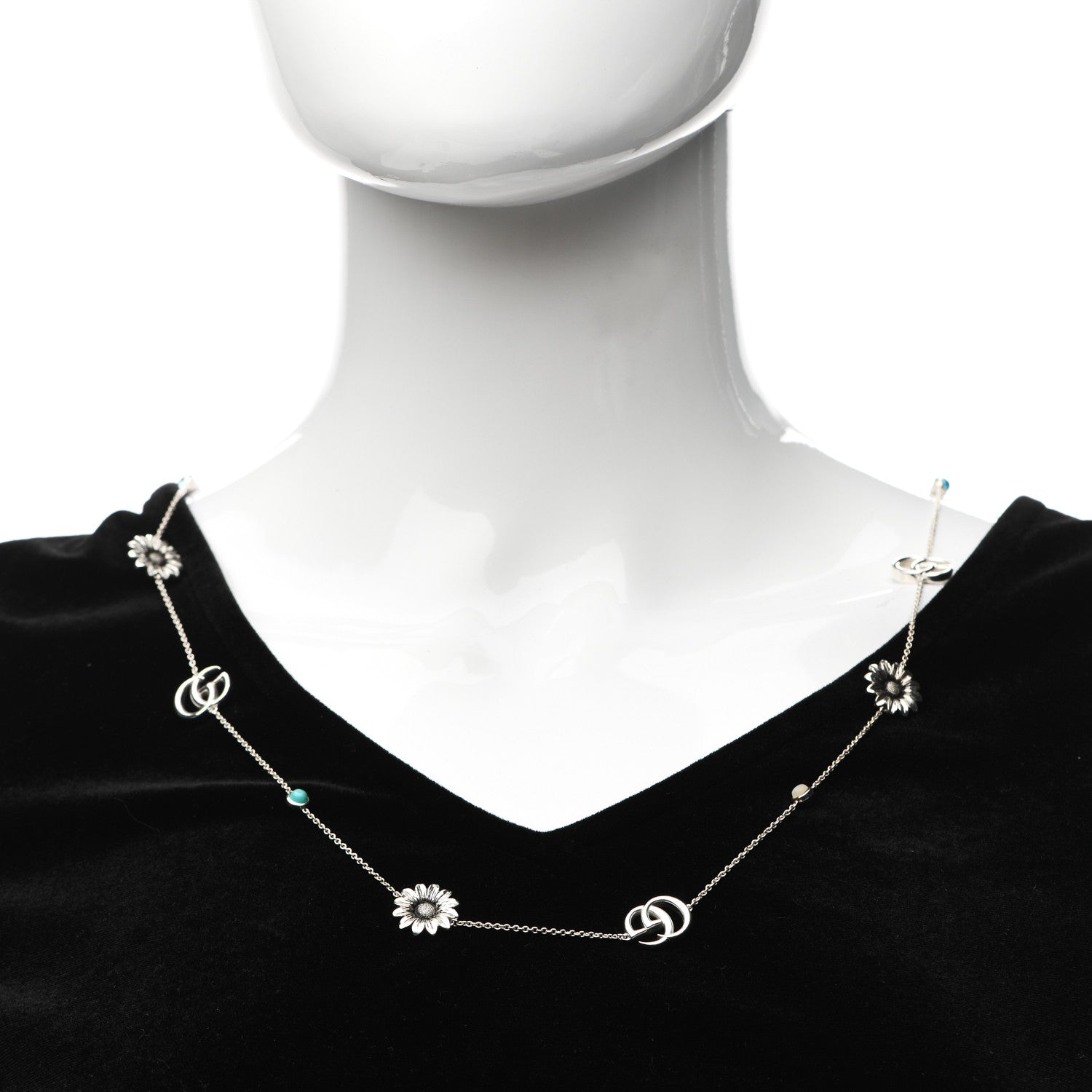 Gucci Sterling Silver Mother of Pearl Topaz GG Marmont Flower Station Necklace 2 of 5