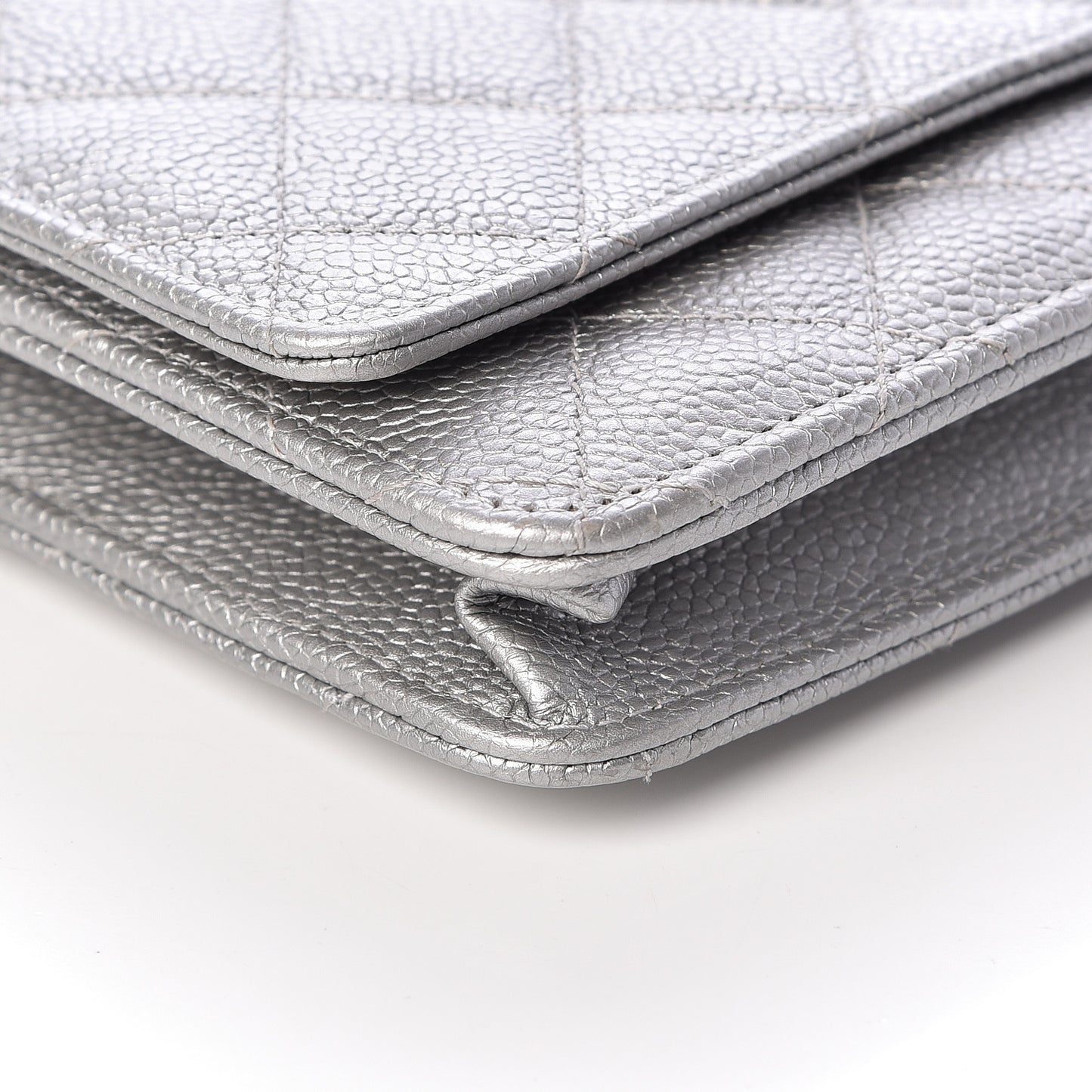 Metallic Caviar Quilted Wallet on Chain WOC Silver