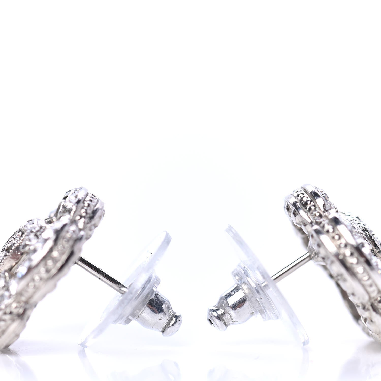 Chanel Crystal Coco Flapper Camellia CC Stud Earrings Silver 3 of 4