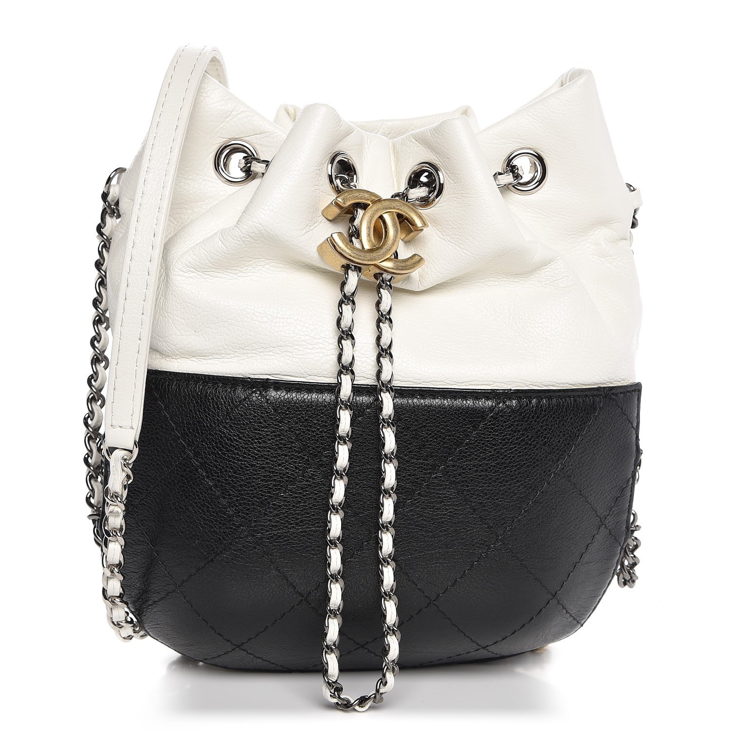 Chanel Aged Calfskin Quilted Small Gabrielle Bucket White Black 1 of 8