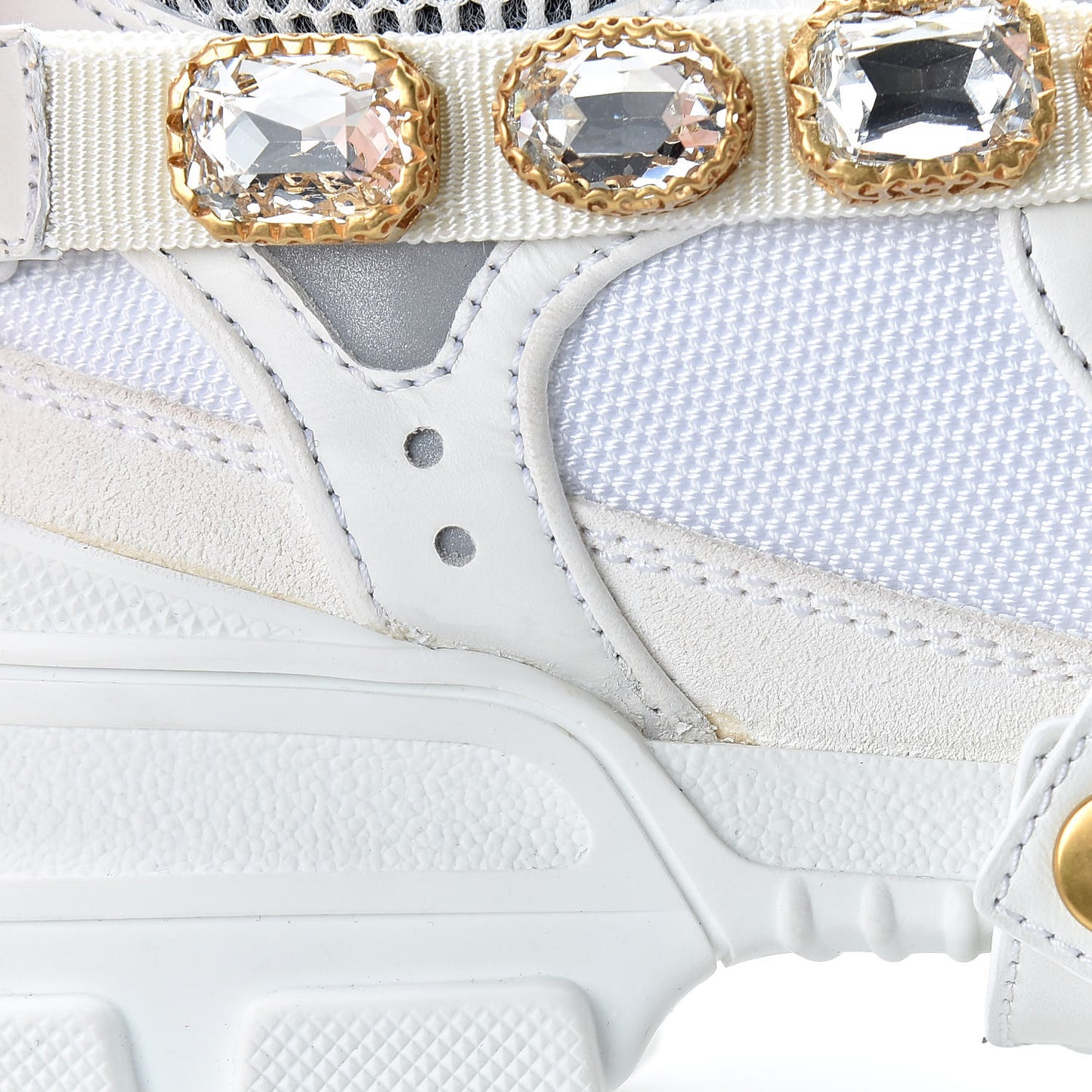 X SEGA Mesh Calfskin Suede Removable Crystals Womens Flashtrek Sneakers 37 Great White
