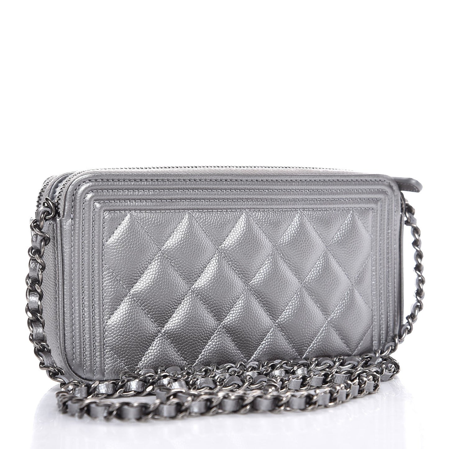 Metallic Caviar Quilted Small Boy Clutch With Chain Silver