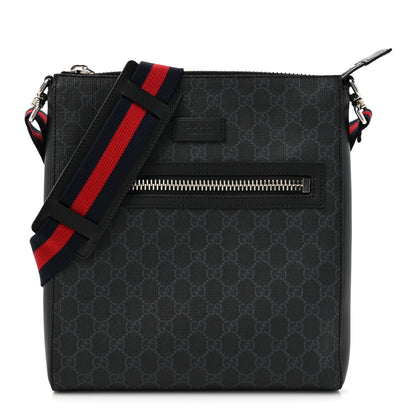 Gucci GG Supreme Monogram Appia Calfskin Web Flat Messenger Bag Black Grey 1 of 10
