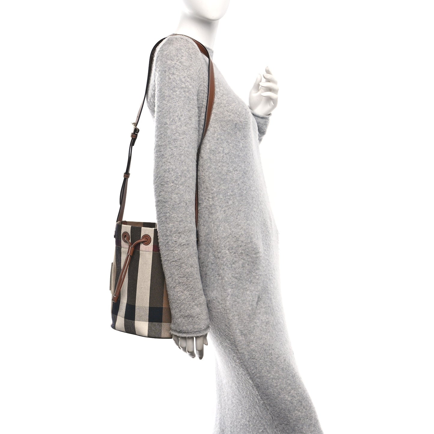 Giant Check Canvas Small Bucket Bag Taupe Brown