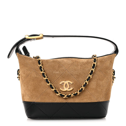 Chanel Suede Calfskin Shiny Lambskin Quilted Coco Base Hobo Clutch With Chain Beige Black 1 of 12