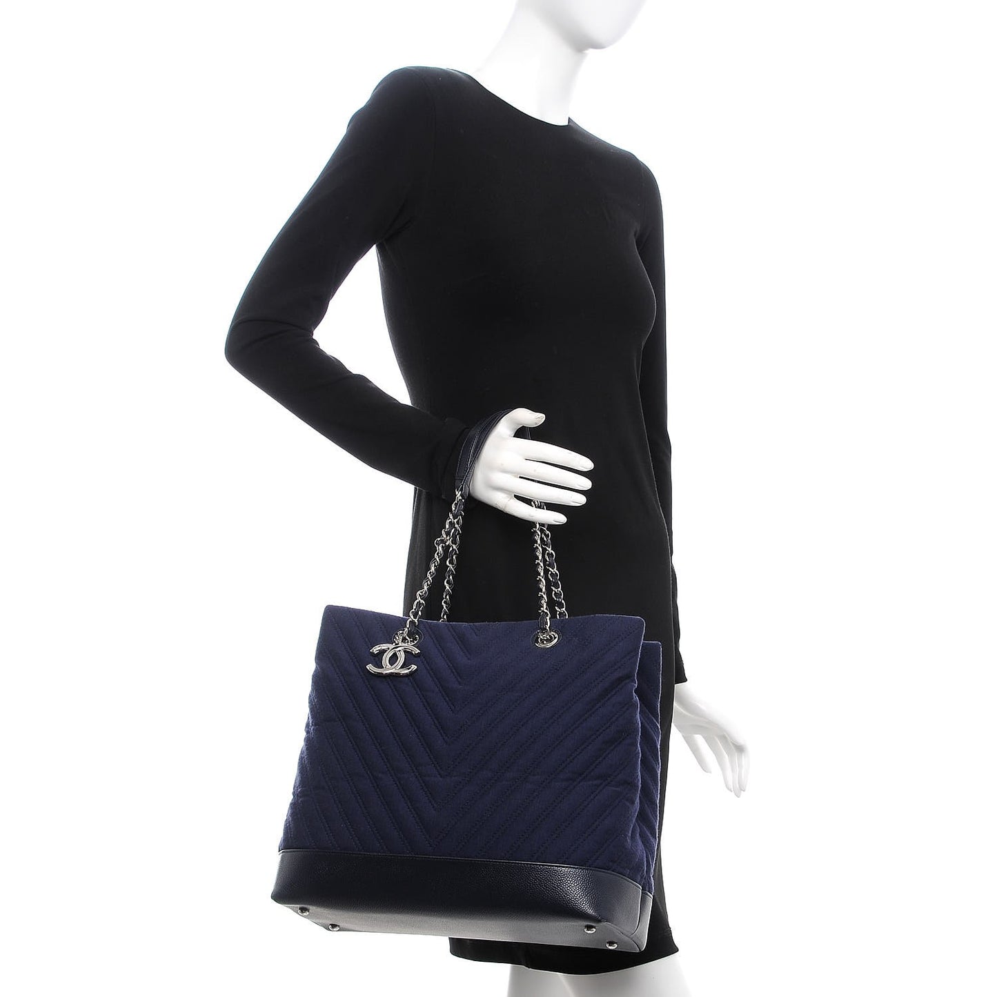 Canvas Caviar Chevron Shopper Tote Navy Blue