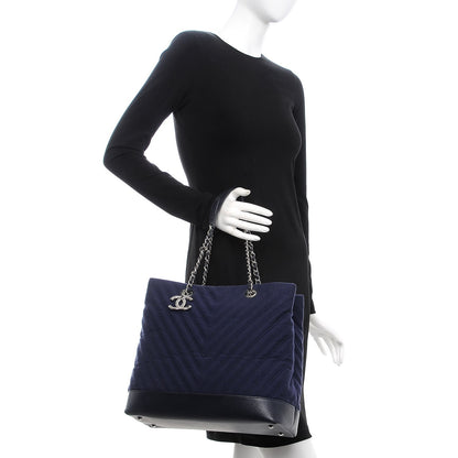 Chanel Canvas Caviar Chevron Shopper Tote Navy Blue 2 of 7