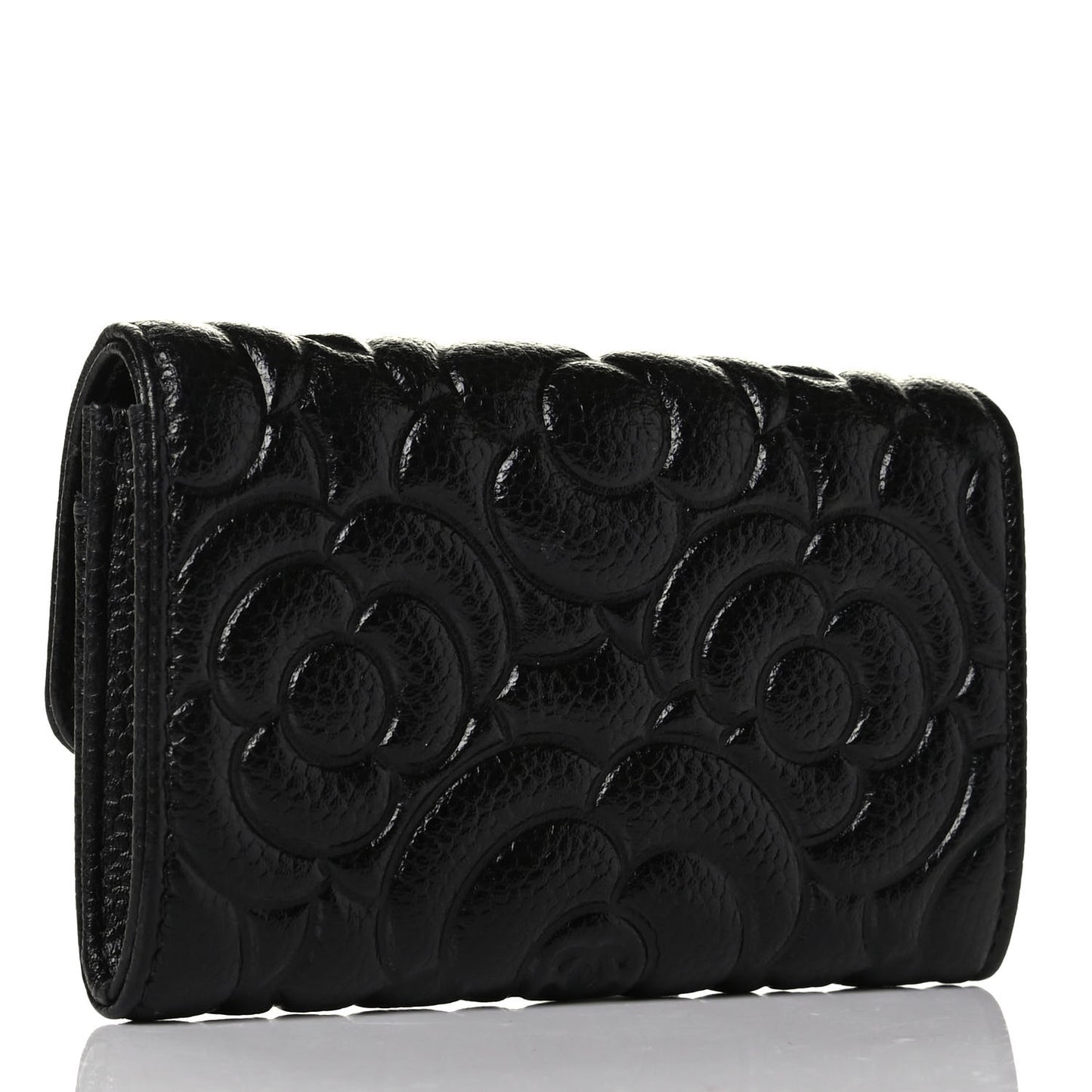 Caviar Camellia Embossed Card Holder Wallet Black