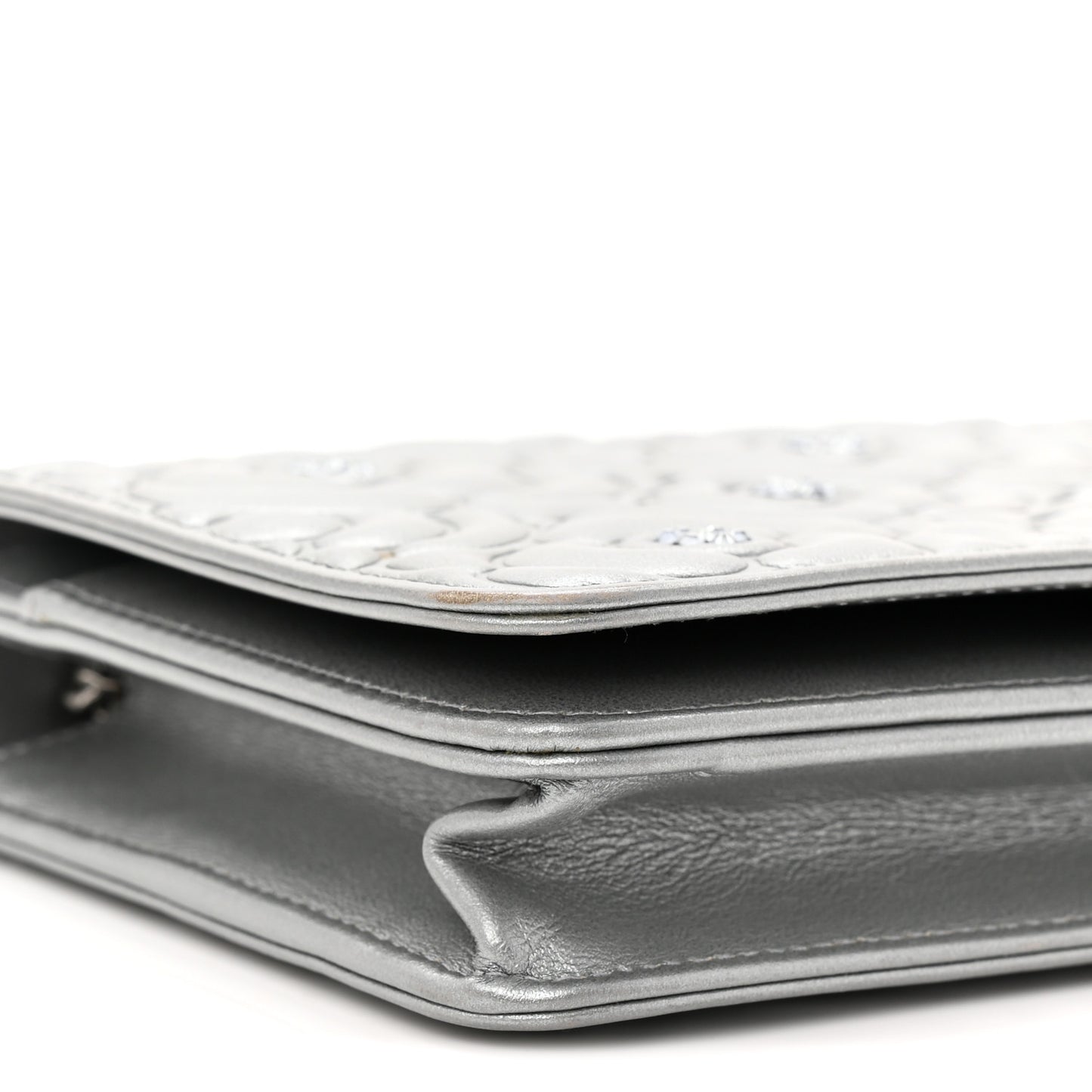 Metallic Lambskin Crystal Camellia Embossed Wallet On Chain WOC Silver