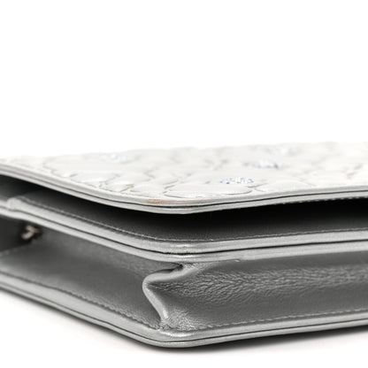 Chanel Metallic Lambskin Crystal Camellia Embossed Wallet On Chain WOC Silver 10 of 12