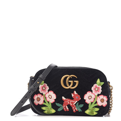Gucci Velvet Matelasse Deer Embroidered Small GG Marmont Chain Shoulder Bag Black 1 of 9