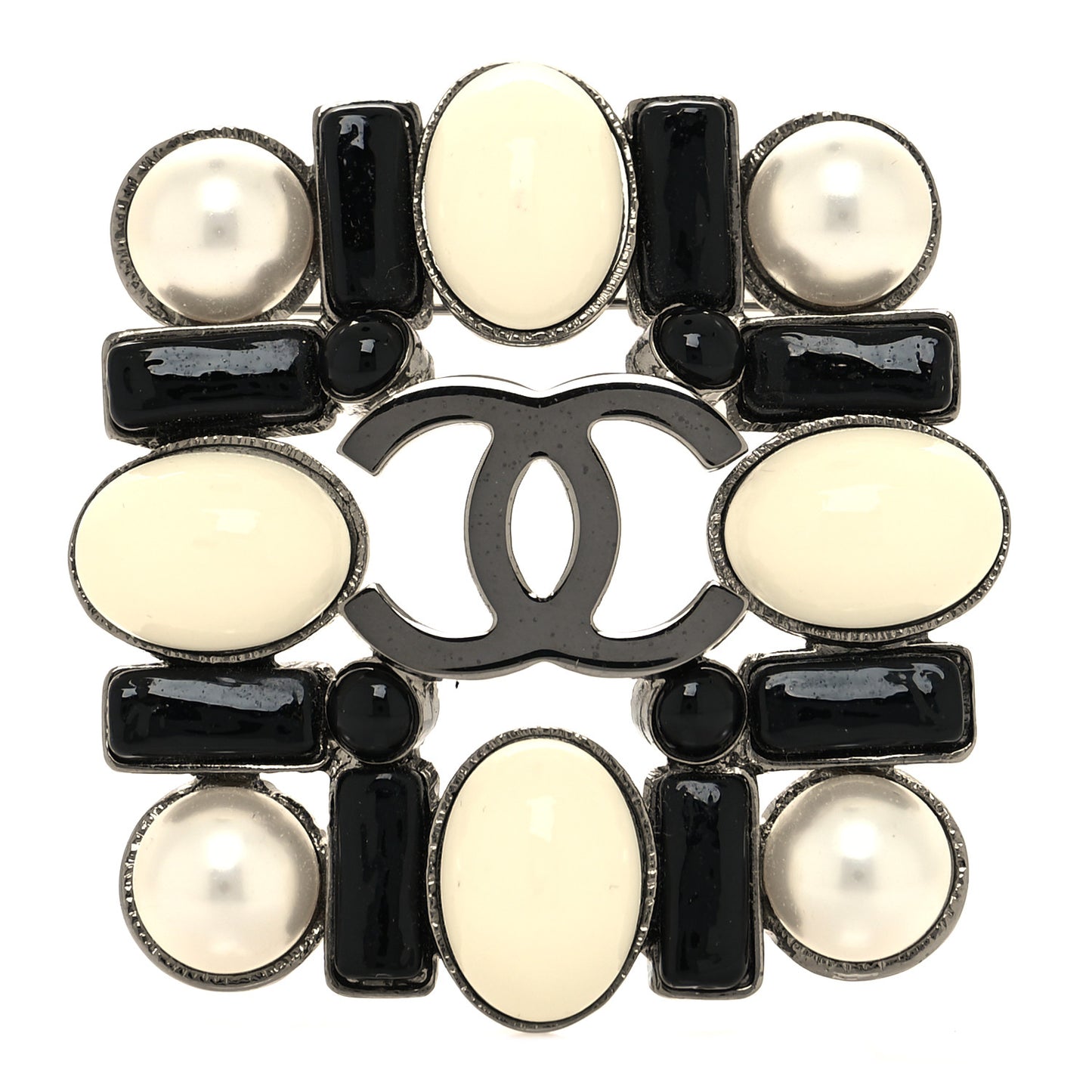 Gripoix Pearl CC Brooch Ruthenium Black White
