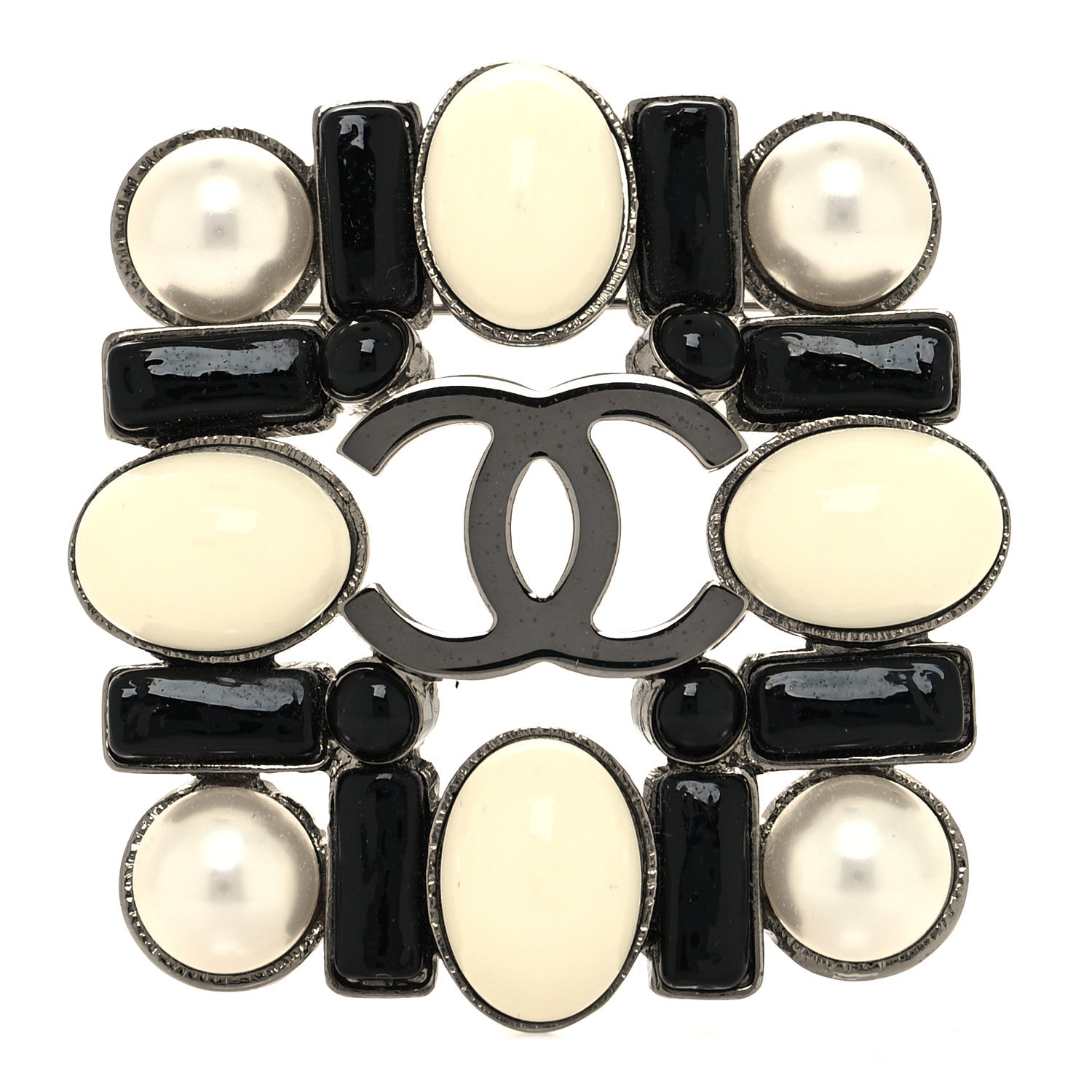 Chanel Gripoix Pearl CC Brooch Ruthenium Black White 1 of 3
