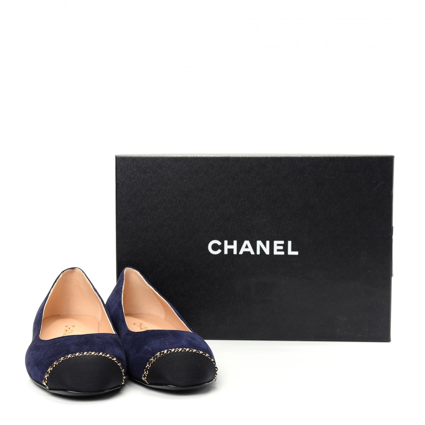 Suede Calfskin Grosgrain Cap Toe Chain Ballerina Flats 39.5 Navy Blue Black