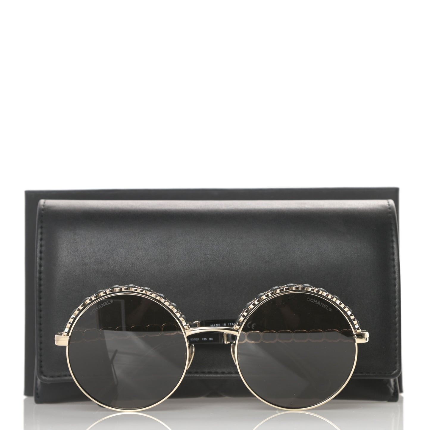 Metal Calfskin Round Chain Sunglasses 4265-Q Brown