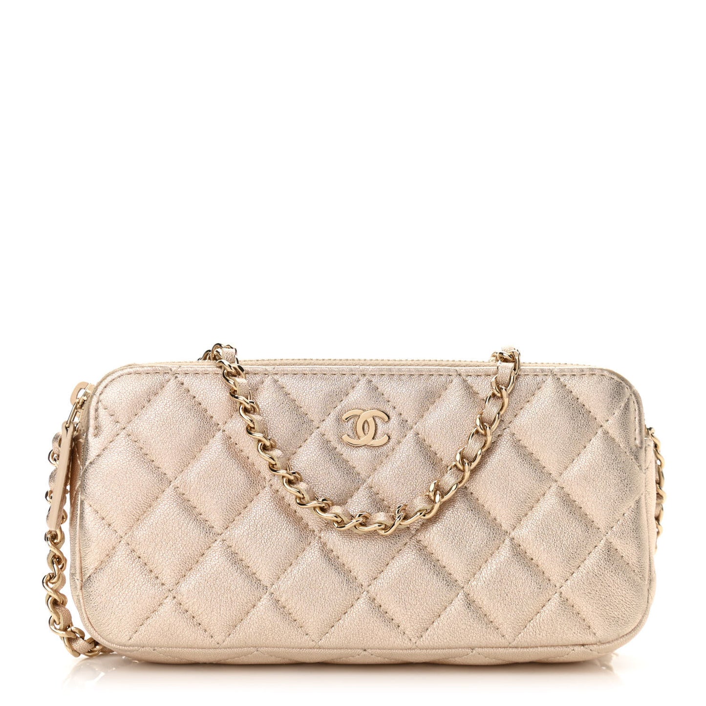 Metallic Lambskin Quilted Small Clutch With Chain Gold