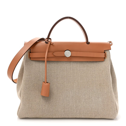Hermes Military Toile Vache Hunter Herbag Zip Retourne 31 PM Beton Naturel 1 of 18