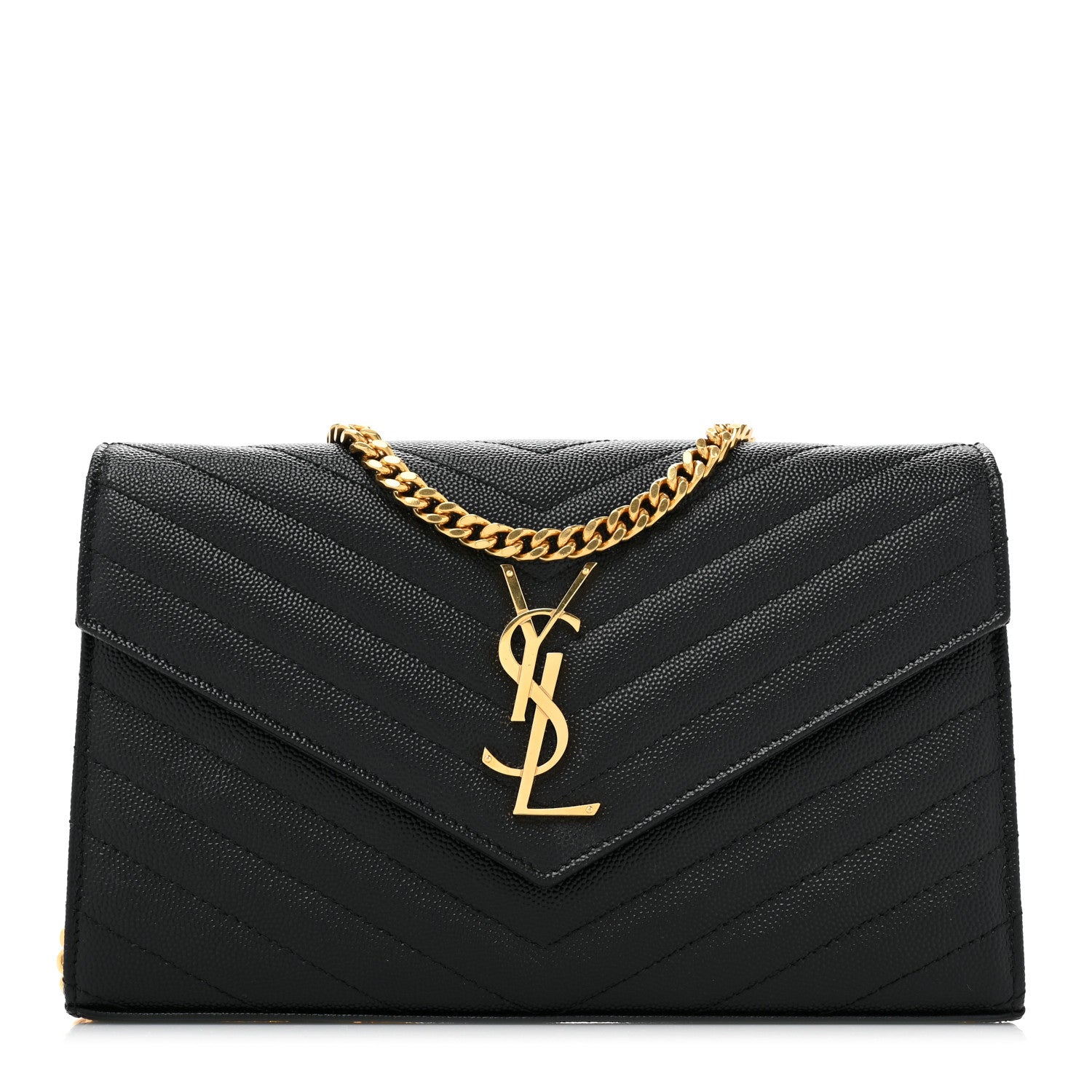 Saint Laurent Grain De Poudre Matelasse Chevron Monogram Chain Wallet Black 1 of 12