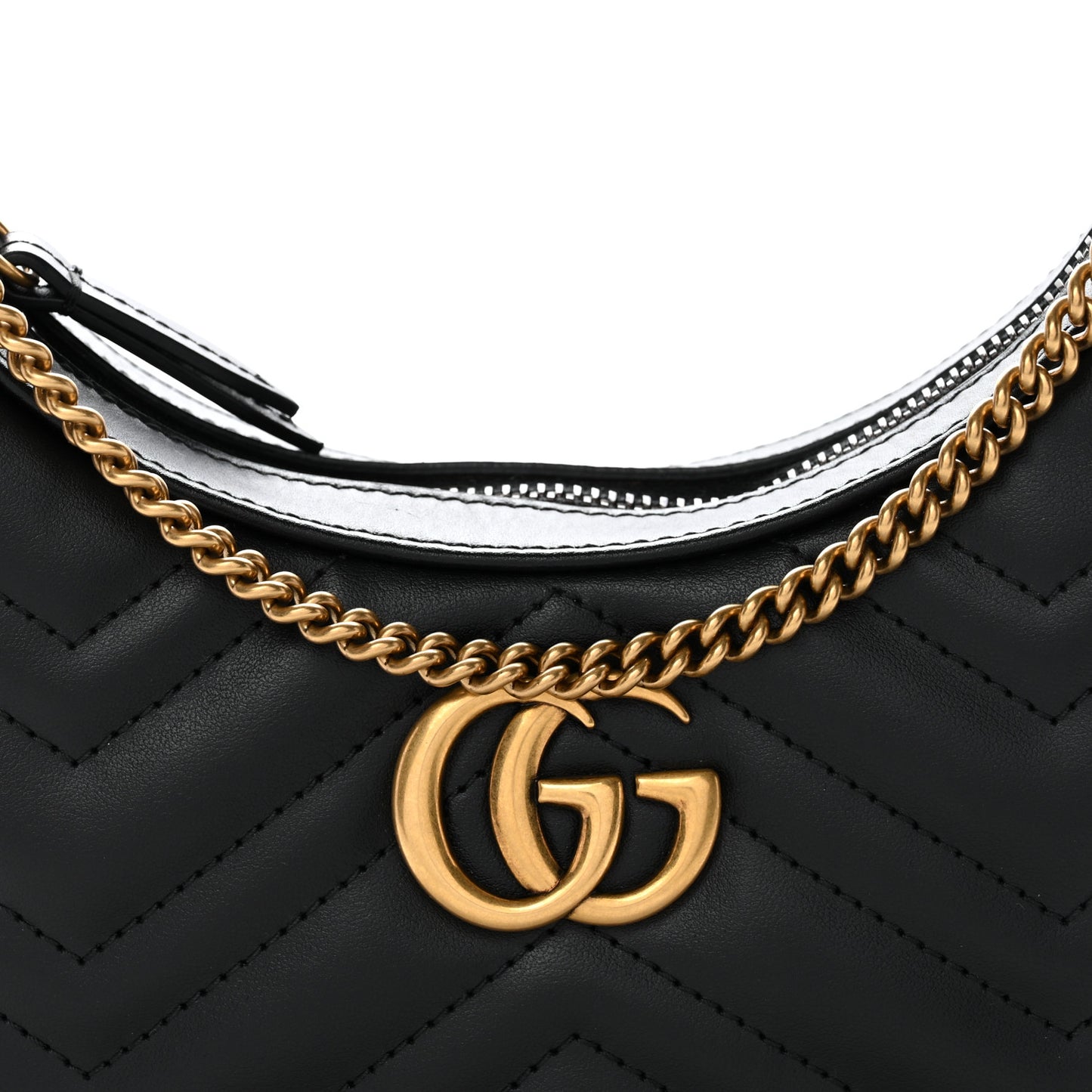 Calfskin Matelasse Chevron Mini GG Marmont Half Moon Hobo Black