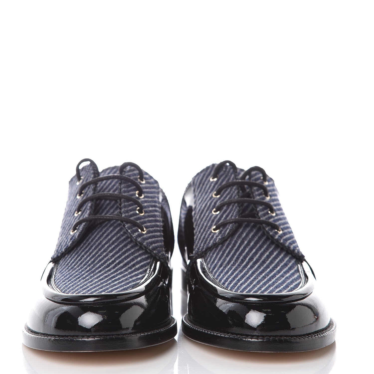 Chanel Tweed Patent CC Womens Lace Up Oxfords 39 Navy Grey Black 2 of 8
