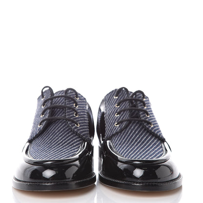 Chanel Tweed Patent CC Womens Lace Up Oxfords 39 Navy Grey Black 2 of 8