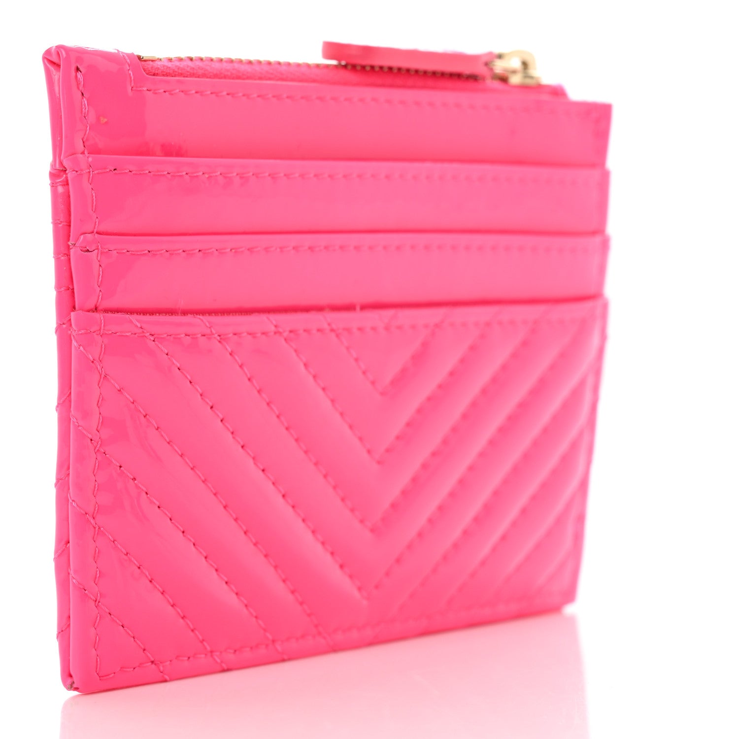 Chanel Patent Chevron Quilted Boy Zip Card Holder Neon Pink 3 of 8