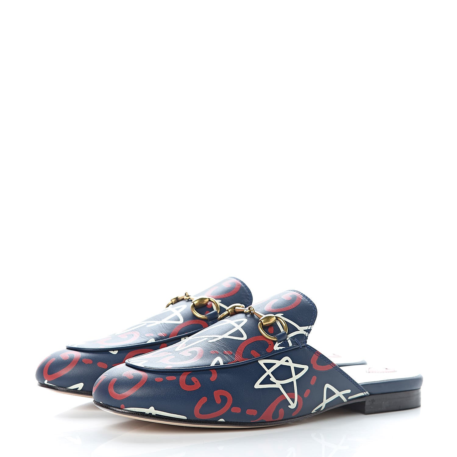 Gucci Calfskin GucciGhost Print Womens Princetown Slippers 36.5 Blue Agata Hibiscus Red 3 of 8