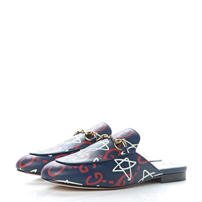 Gucci Calfskin GucciGhost Print Womens Princetown Slippers 36.5 Blue Agata Hibiscus Red 3 of 8