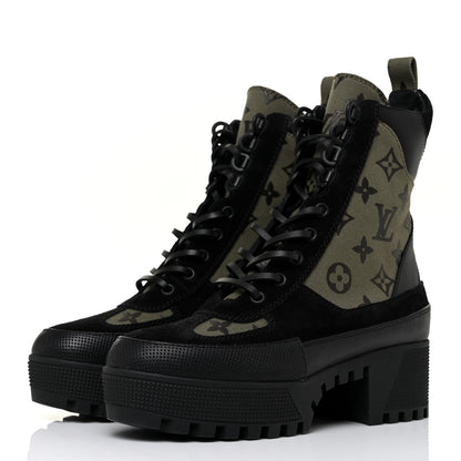Louis Vuitton Suede Monogram Laureate Platform Desert Boots 37 Kaki Black 3 of 10