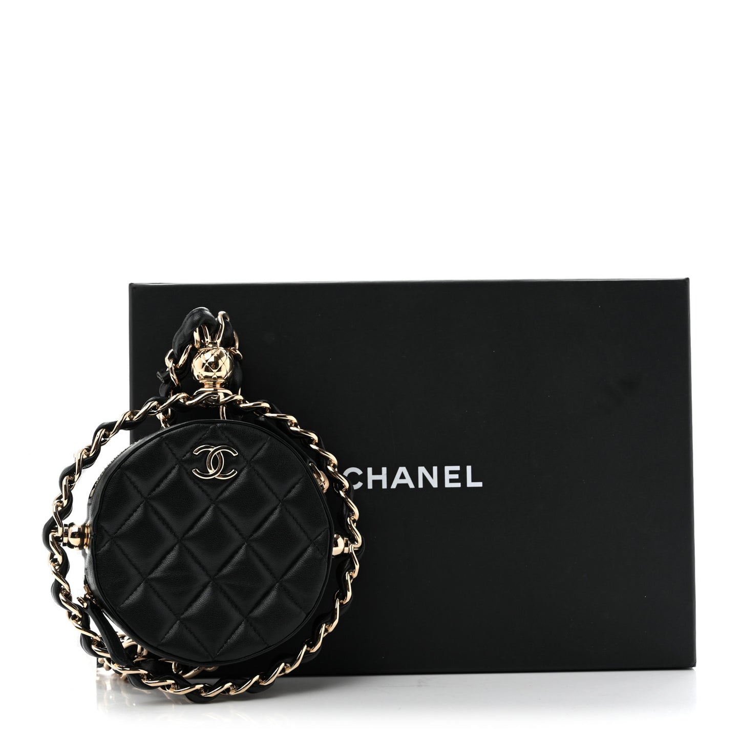 Lambskin Quilted Chain Round Mini Clutch Black