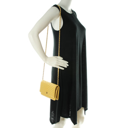 Chanel Lambskin Chevron Quilted Wallet On Chain WOC Yellow 2 of 8