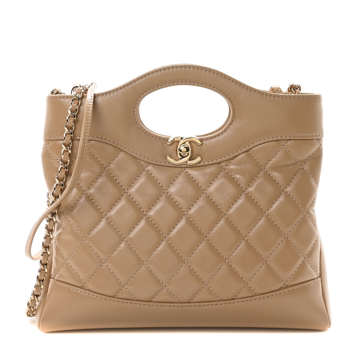 Shiny Lambskin Quilted Mini 31 Shopping Bag Beige