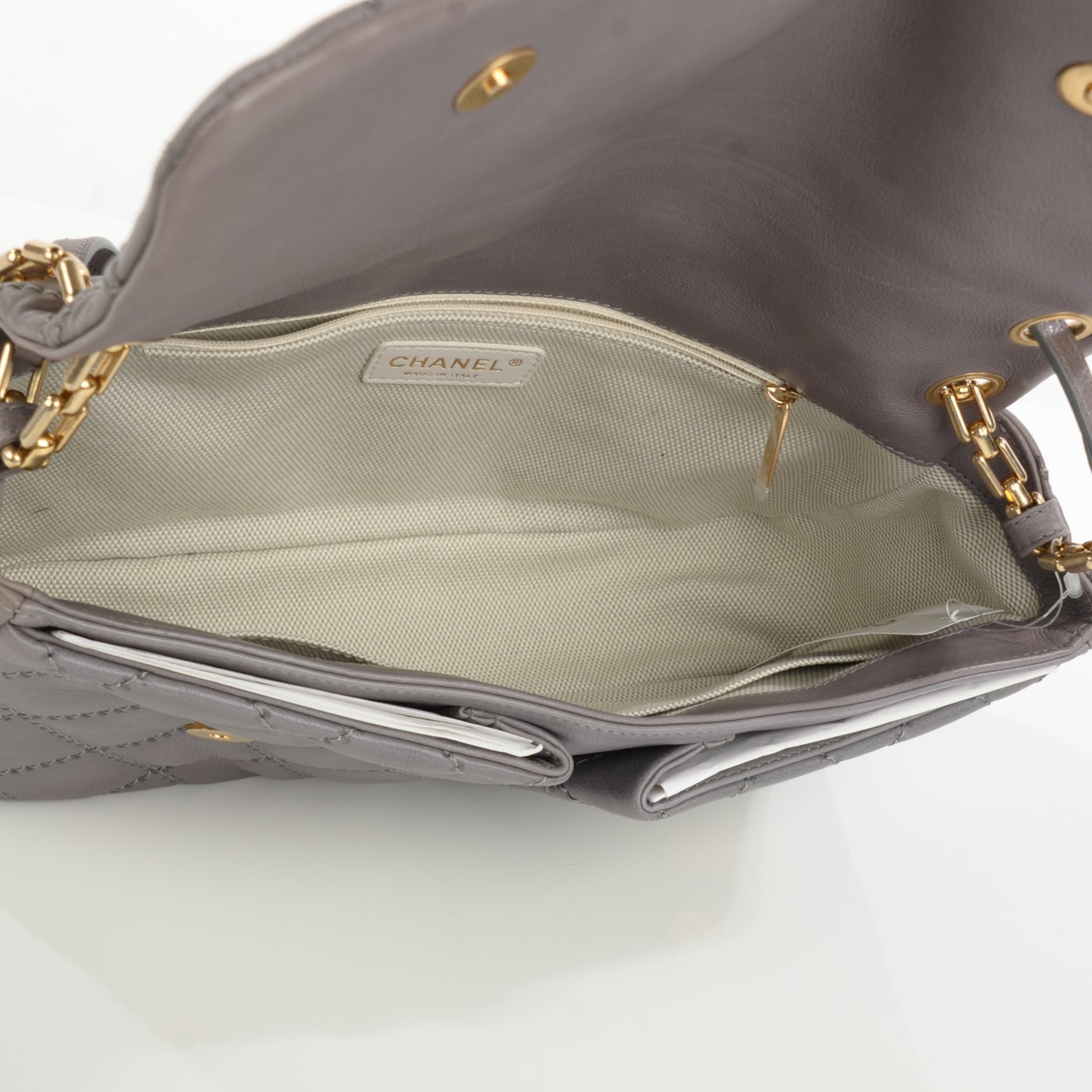 Calfskin Quilted Large Retro Chain Flap Grey
