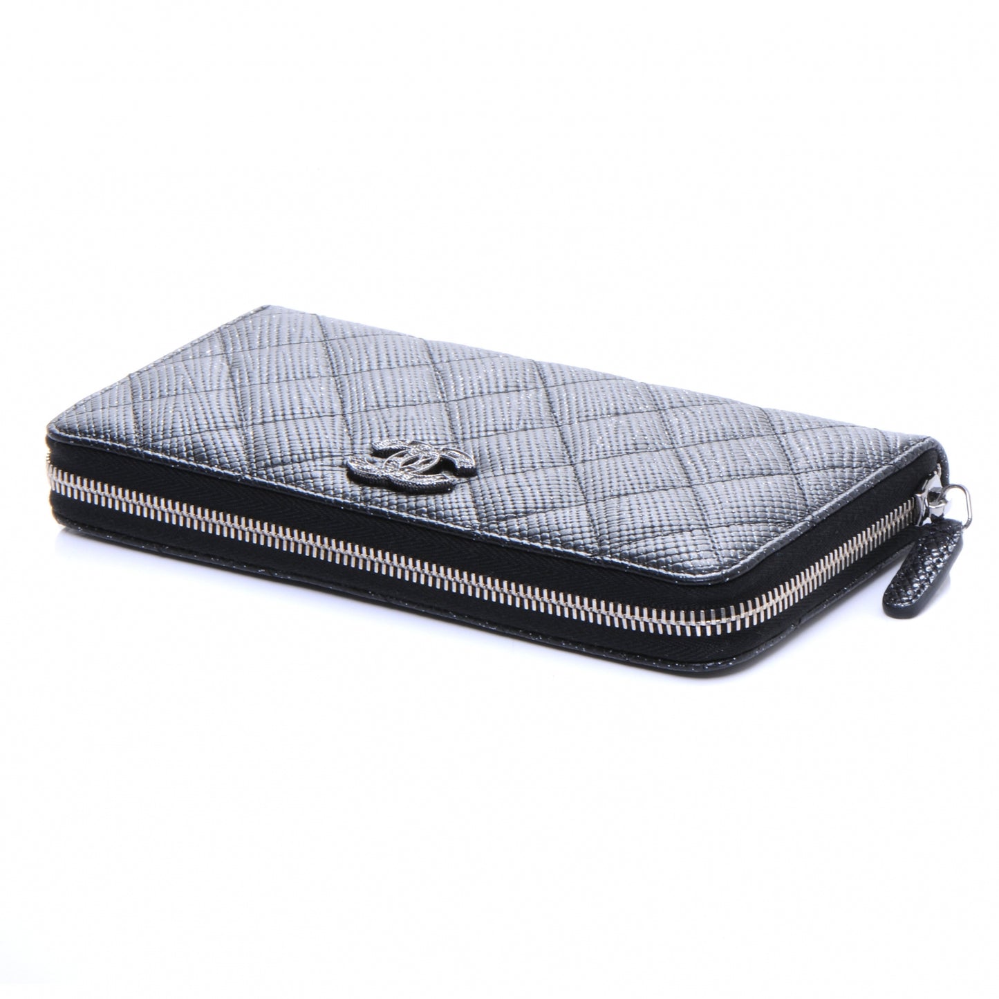 Glittered Calfskin Quilted Large Gusset Zip Wallet Black